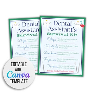 Modelo de cartão de kit de sobrevivência da semana de assistentes dentários editável, presente de agradecimento para enfermeiras dentárias imprimível, modelo Canva semana de assistente dentário