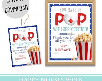 Printable Happy Nurses week gift tags, Happy nurses week appreciation gift poster sign popcorn, Instant Download