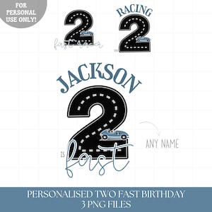Op de afbeelding: Gepersonaliseerde verjaardagsontwerpen met een racethema. Het nummer 2 is ontworpen als een racebaan, met een blauwe auto. Tekst bevat "Jackson is fast" en "Racing 2". Alleen voor persoonlijk gebruik.