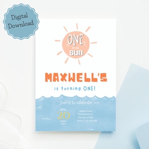 One in the sun first birthday invitation, Boys first birthday party invite, Sunshine summer birthday invite, Sun 1st birthday party invite