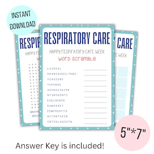 Puede incluir: Un juego de palabras cruzadas imprimible con un fondo de lunares azul y blanco. El título es "Respiratory Care" y el texto "Happy Respiratory Care Week" está debajo. El juego incluye una búsqueda de palabras con las palabras "LVOIEAL", "ROHNCAODILTRBO", "YCAOSSNI", "YSPDNAE", "AEPRHCIAYPN", "NTUBIAONTI", "EUELNIBZR", "XIMOERET", "ISMPRERYTO", "AITANTSOIN" y "CNTOSLAUIOTN". El texto "Answer Key is included!" está en la parte inferior de la página.