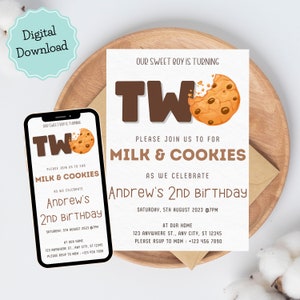 Two sweet cookie birthday party invitation, One sweet cookie themed birthday party invite , Milk and Cookies party invite
