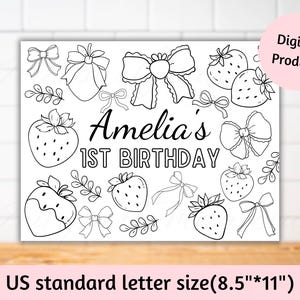 Personalised bow berry birthday party placemats, Coquette berry party games coloring and activity sheet, Berry and bow party table decor