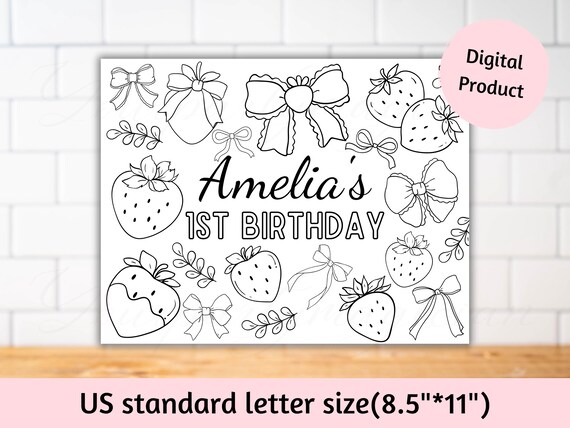 Personalised bow berry birthday party placemats, Coquette berry party games coloring and activity sheet, Berry and bow party table decor