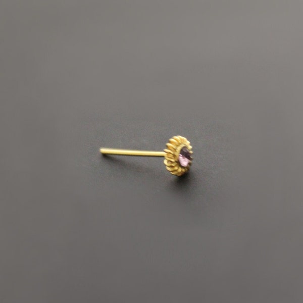 Nose piercing plug 22g 0.6 mm, 925 silver, gold-plated, purple stones, straight end to bend yourself