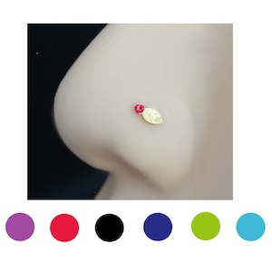 Nose piercing 925 silver, 22 g, 0.6 mm bar thickness, with colorful stone, leaf design, straight end bar to bend yourself