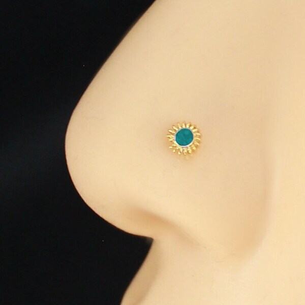 Piercing nez 22g 0.6 mm, argent 925 plaqué or, pierre turquoise, barrette bout droit à courber soi-même