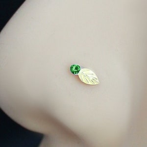 Nose piercing green leaf, 925 silver, 22g 0.6mm, gold plated, straight end bar to bend yourself, Nostril Piercing