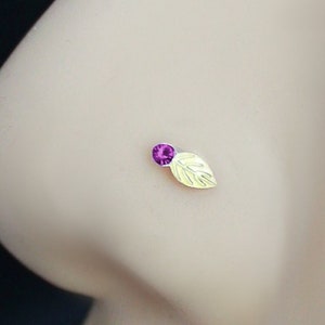 Nose piercing lilac stone, leaf, 925 gold plated syllable, 22g 0.6mm, straight end bar to bend yourself, nose jewelry Nostril Piercing
