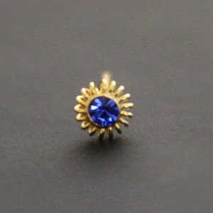 Nose piercing 22g 0.6mm, 925 silver gold plated, blue stone, straight end bar to bend yourself