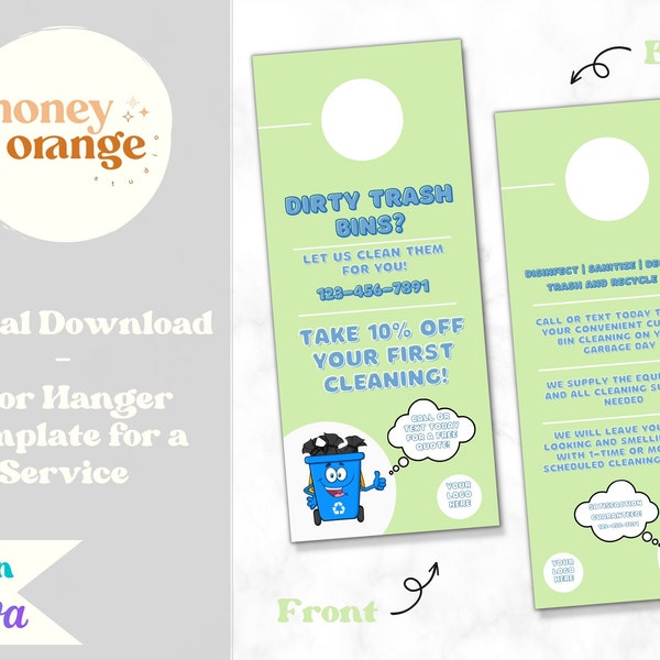 Trash Bin Cleaning Service Door Hanger Tag Canva Template | Service Marketing | Cleaning Flyer | Cleaning Service Door Hanger | Printable