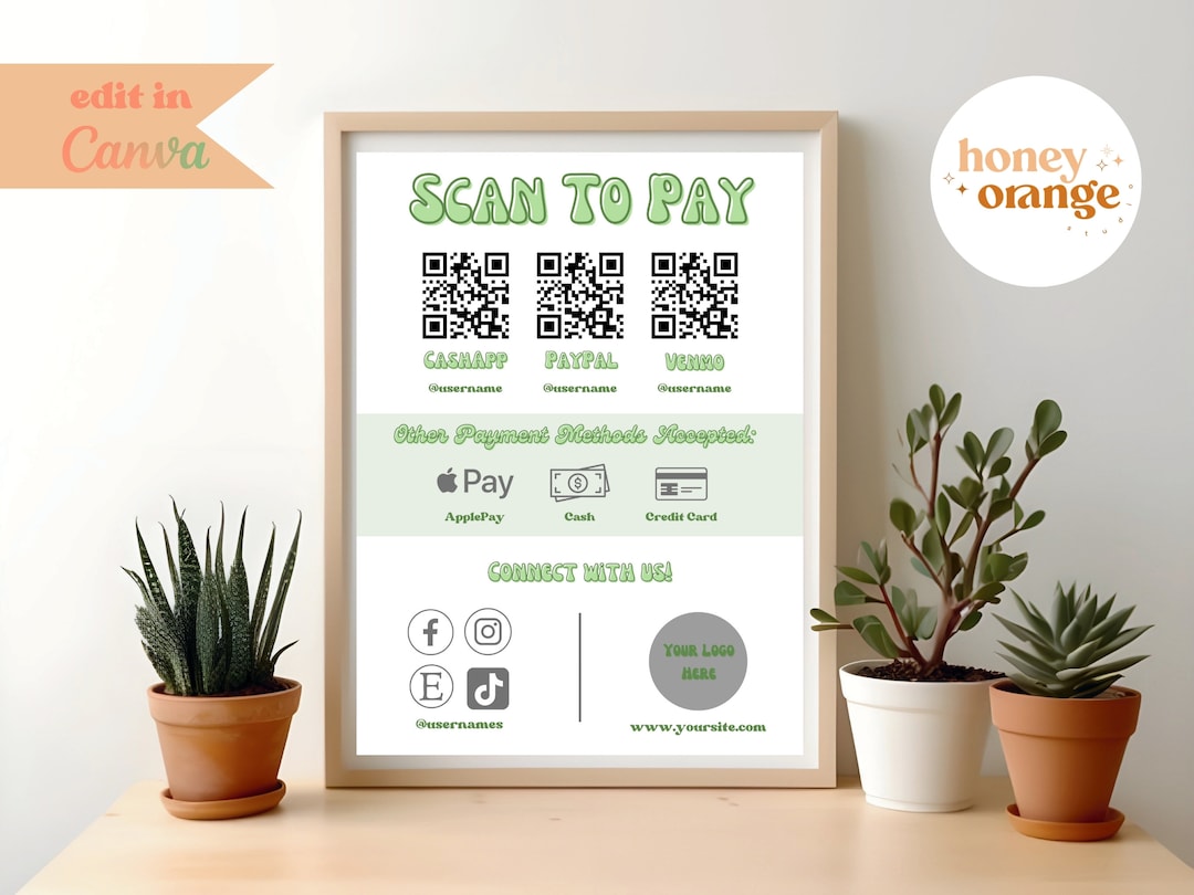 Retro Green Scan to Pay, QR Code Scan to Pay, Printable Scan to Pay ...