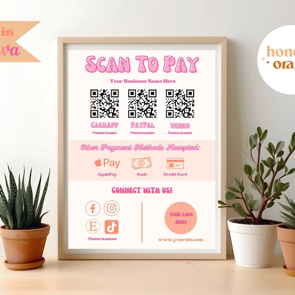 Retro Pink Scan to pay, QR Code Scan To Pay, Printable Scan To Pay Template, Payment Sign, Small Business, Paypal Venmo Cashapp Market Sign