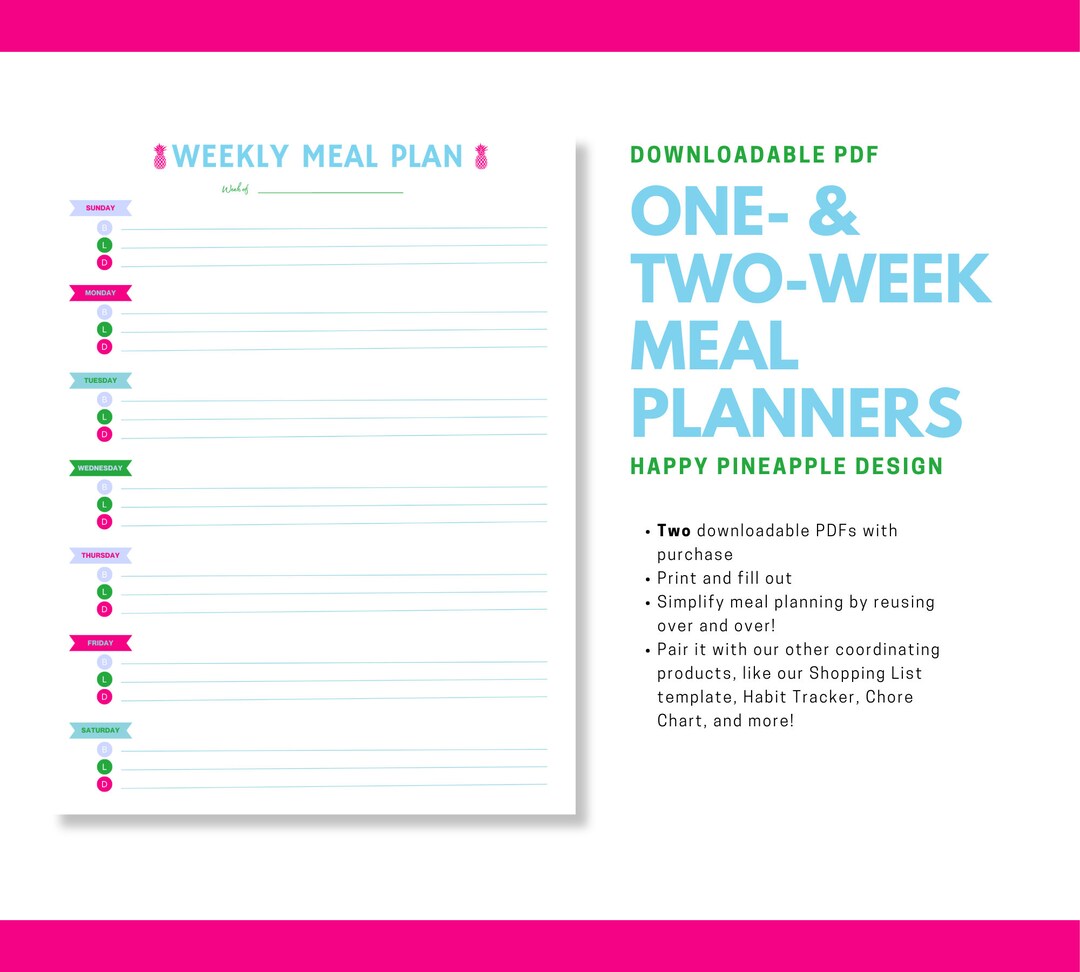 Happy Colorful Pineapple One and Two Week Printable Meal Planner ...