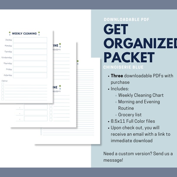 Get Organized Packet: Weekly Cleaning, Morning/Evening Routines, Groceries - Chinoiserie Blue style