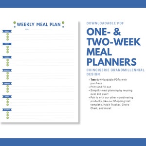 Chinoiserie/Grandmillennial Style Blue/White/Green Topiary One and Two Week Printable Meal Planner Downloadable PDF