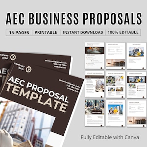 May include: AEC Business Proposals template with a brown cover and white text. The template includes 15 pages, is printable, and instantly downloadable. The design features a construction theme with images of buildings and construction workers.