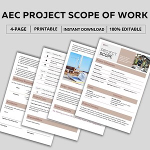 May include: A stack of four printable project scope of work documents. The documents have a beige and white color scheme with text and sections for project information, objectives, and costs. The text "AEC PROJECT SCOPE OF WORK" is at the top.