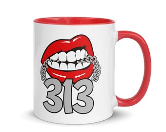 Detroit, Coffee Mug, 313, Lips, Coffee Cup, Coffee Lover, Mug with Color Inside