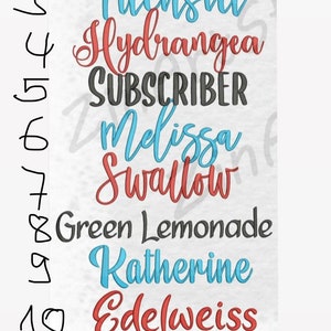 May include: A white background with a list of names in different colors and fonts. The names are: Meadow, Moonlight, Fuchsia, Hydrangea, SUBSCRIBER, Melissa, Swallow, Green Lemonade, Katherine, Edelweiss, I love glitter.