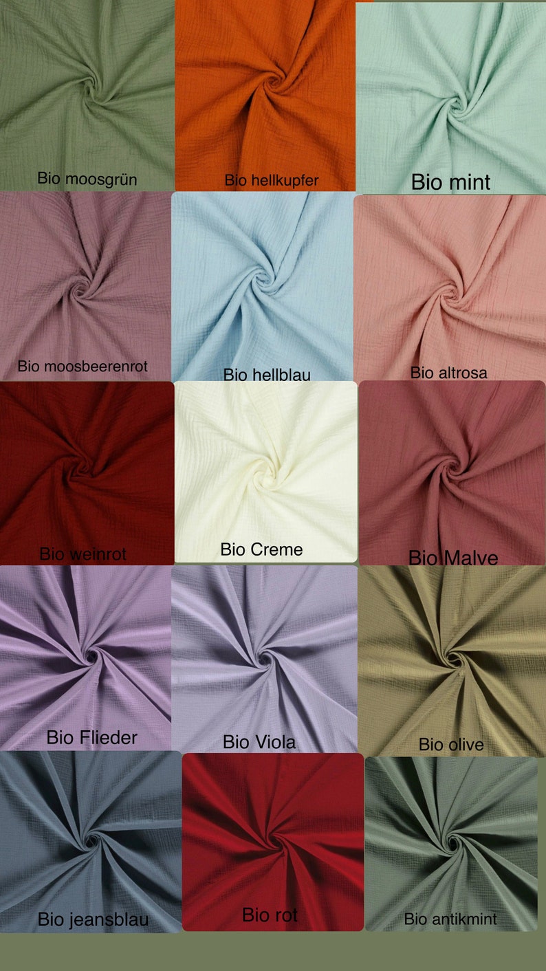 May include: A collection of 15 fabric swatches in various colors, including moss green, copper, mint, red, blue, cream, mauve, lavender, olive, and gray. Each swatch is labeled with a German word describing the color, such as "Bio moosgr&uuml;n" for moss green.