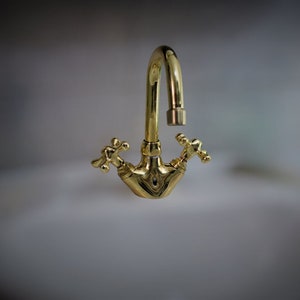 Unlacquered Brass Single Hole Faucet Bathroom Vanity, Vintage Cross Handle Brass Faucet, Handmade Solid Brass countertop Small bathroom Tap