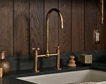 Unlacquered Brass kitchen Faucet, bridge Faucet, sink faucet, farmhouse sink faucet, Natural brass faucet, basin faucet, deck mount faucet