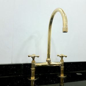 Antique, Unlacquered Solid Brass 8" Bridge Faucet, Vintage Kitchen Sink Faucet