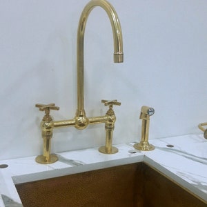 unlacquered solid brass Kitchen faucet,  brige brass faucet with sprayer - kitchen brass faucet with Long Legs