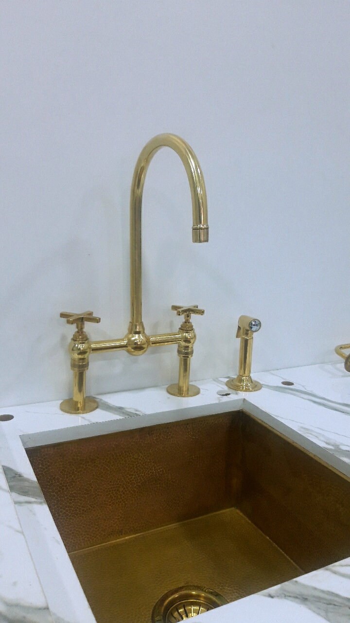 unlacquered solid brass Kitchen faucet, brige brass faucet with sprayer - kitchen brass faucet with Long Legs