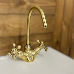 Unlacquered Solid Brass single hole Faucet ,  Vanity Bathroom Brass Faucet, single Hole brass Faucet with Cross Handle, vanity Sink Faucet