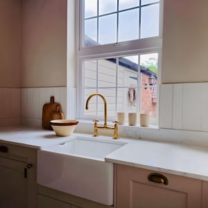 Antique unlaquered brass kitchen bridge faucet with gooseneck Spout, brass bridge faucet, kitchen farmhouse sink faucet, brass faucets