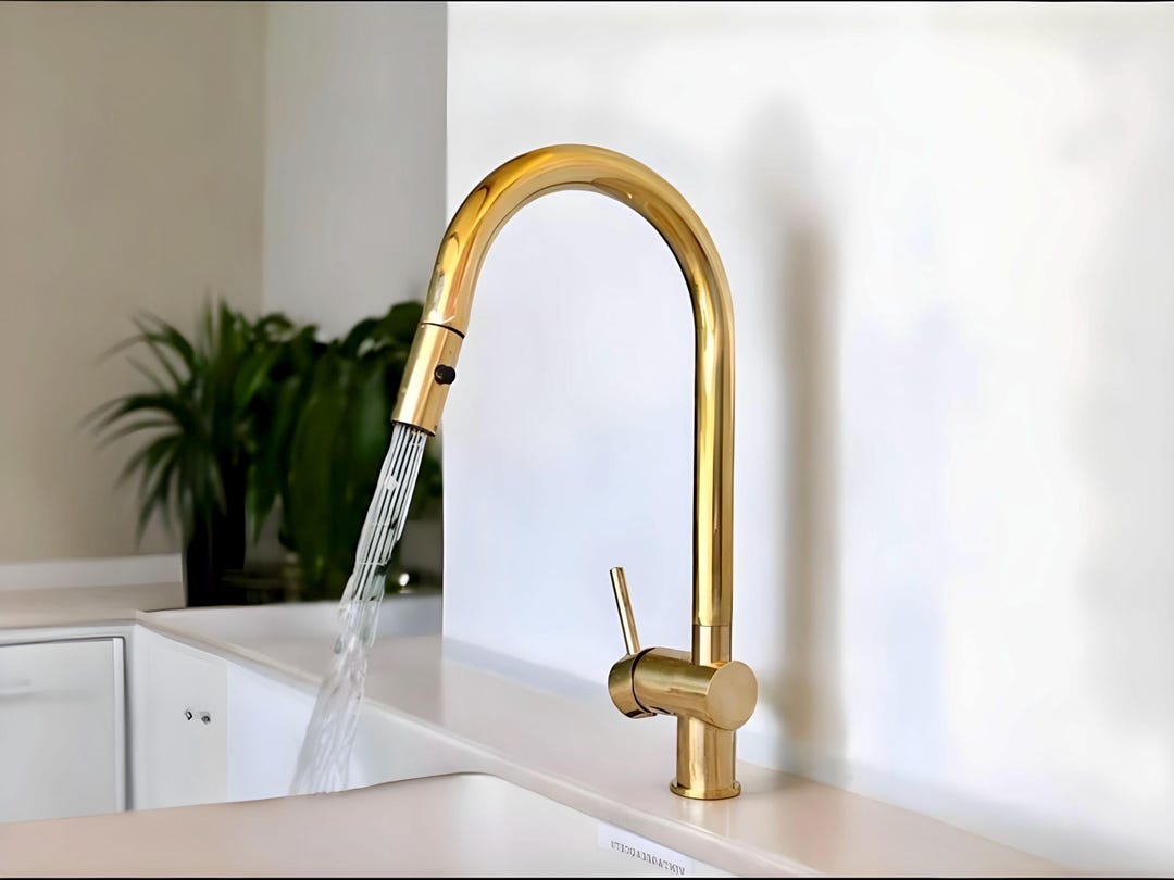 Unlacquered Brass Pull Down Faucet, Single Hole Brass Faucet, Kitchen ...