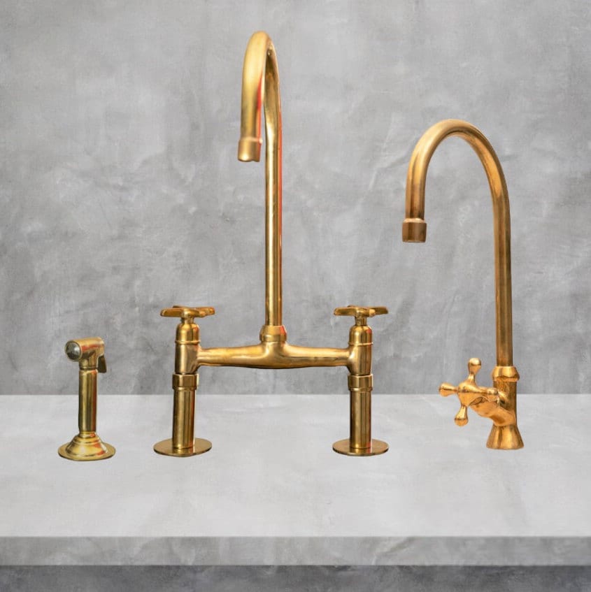 Unlacquered Copper Patina Kitchen Bridge Faucet With Arc Spout and Side ...