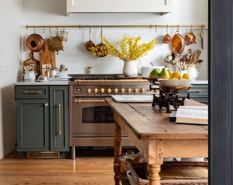 Aged Unlacquered brass pot rail with brass &quot;S&quot; hooks. Solid brass construction. beautiful wall pot rail