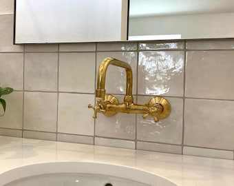 Wall Mount brass faucet Lavatory, Two Handles Unlacquered brass faucet with squared spout, antique brass sink faucet