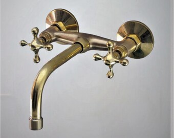Unlacquered solid Brass wall mount Faucet, Exposed Brass Sink Faucet, Wall Mounted Basin Tub filler, Brass Bathtub, Bathroom Faucet