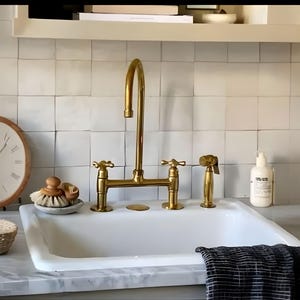 Luxury unlacquered solid brass kitchen bridge faucet with Arc Spout, Side Sprayer, island pure brass bridge faucet, 8' kitchen sink faucet
