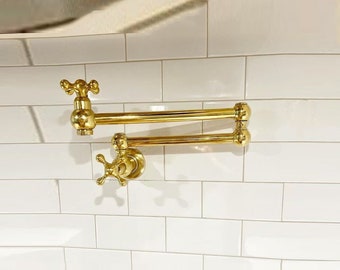 Unlacquered brass potfiller, kitchen brass pot filler faucet, wall hanging brass potfiller, pot filler brass faucet