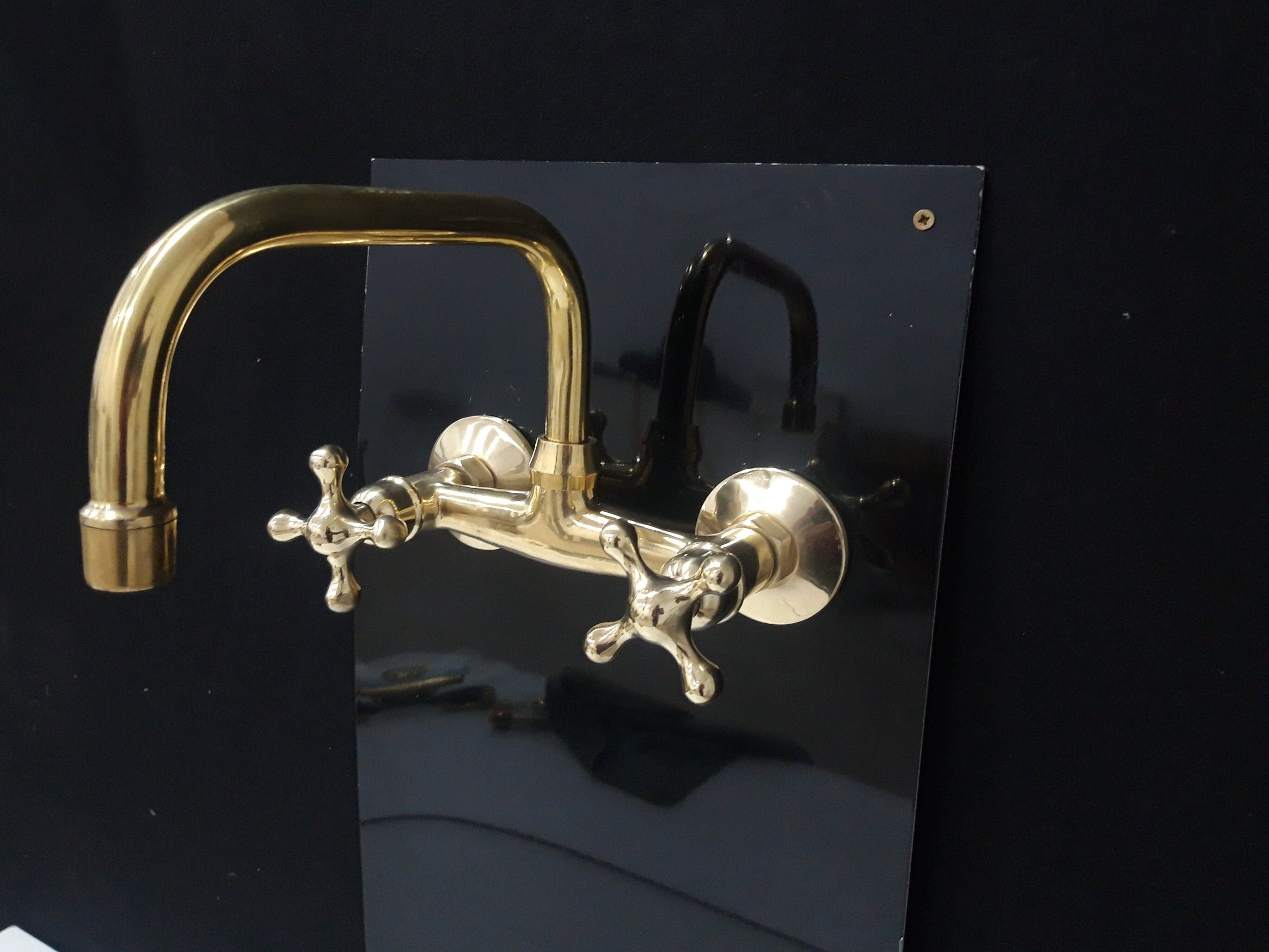 Unlacquered Brass Wall Mounted Bridge Faucet, Hot Cold Brass Wall ...