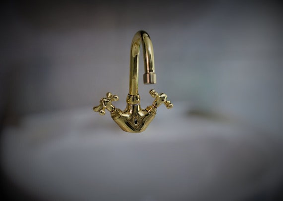 Unlacquered Brass Single Hole Faucet Bathroom Vanity, Vintage Cross Handle Brass Faucet, Handmade Solid Brass countertop Small bathroom Tap