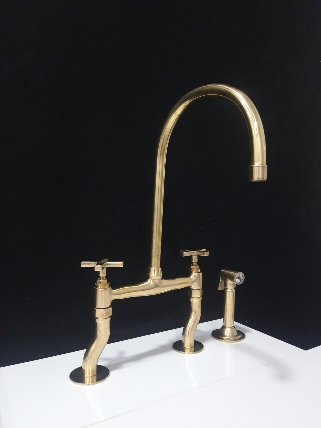 Unlacquered Brass Bridge Kitchen Faucet, 8” Bridge Brass Faucet Kitchen, Farmhouse Brass Faucet ...