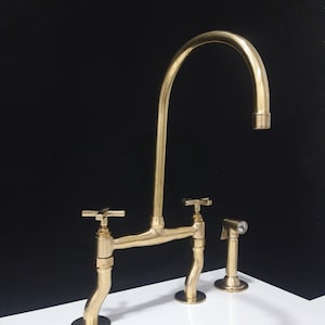 unlacquered brass bridge kitchen faucet, 8” bridge brass faucet kitchen, farmhouse brass faucet