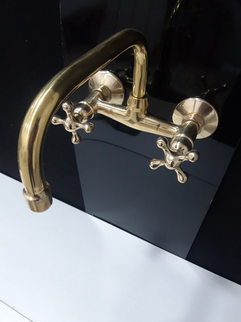Unlacquered Brass Wall Mounted Bridge Faucet, Hot Cold Brass Wall ...