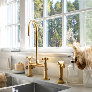 Unlaquered Brass 8&quot; Faucet with long legs, Kitchen brass bridge Faucet with arc spout and cross handle, unlacquered brass kitchen faucet
