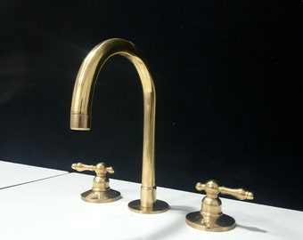 Unlaquered vintage brass bathroom vanity faucet, 3 hole vanity faucet, widespread bathroom faucet, deck mount faucet, brass bath faucet,