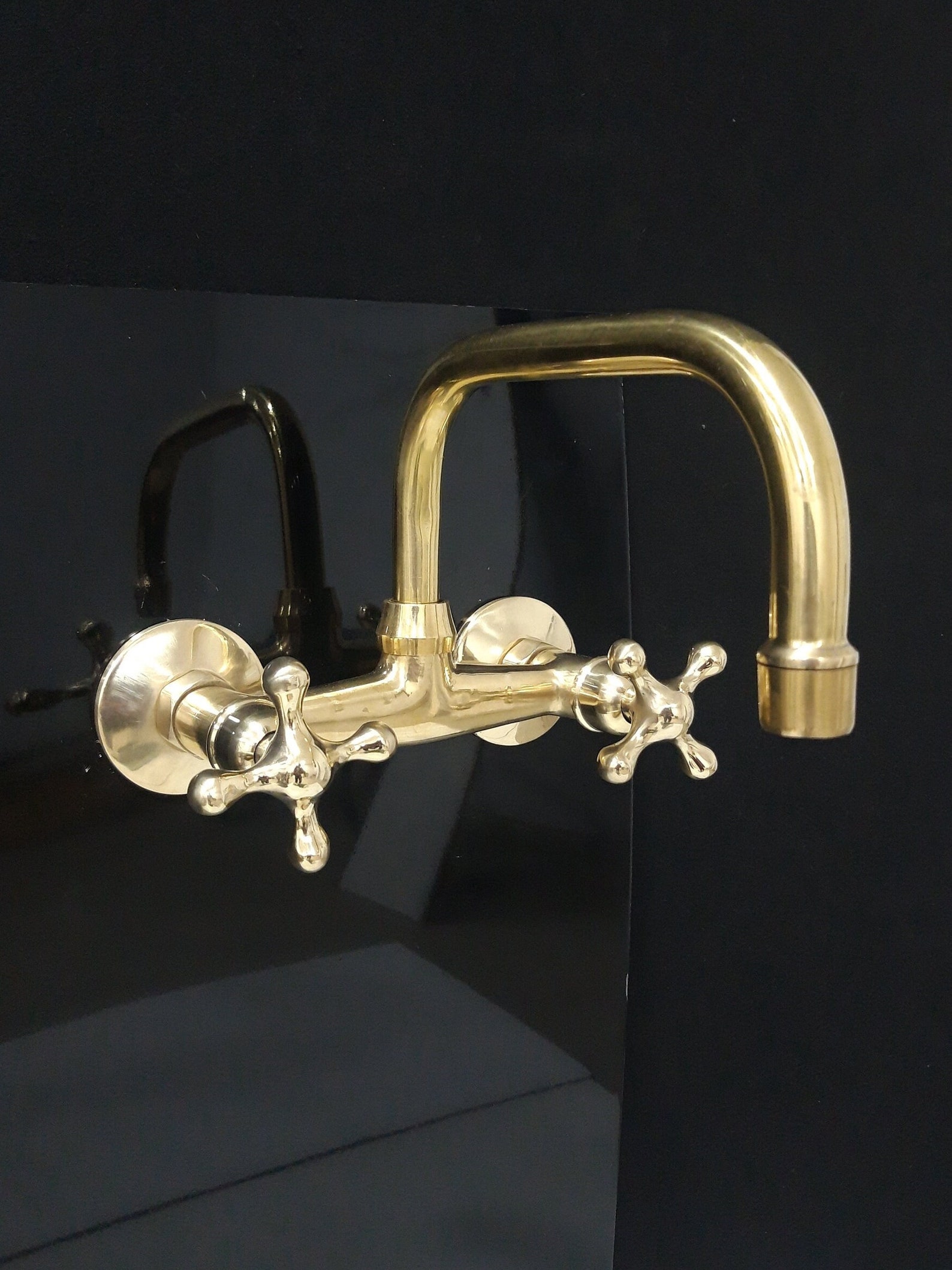 Unlacquered Brass Wall Mounted Bridge Faucet, Hot Cold Brass Wall ...