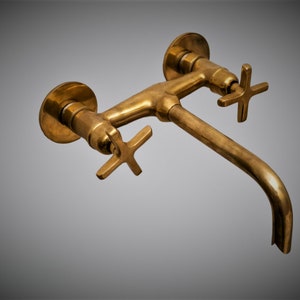 Antique Wall Mount Unlacquered Brass Faucet, Exposed Brass Sink Faucet, Wall Mounted Basin Tub filler, Brass Bathtub Mixer Hot and Cold Tap