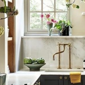 Unlacquered solid brass kitchen faucet with sprayer, Brass Faucet kitchen, Antique brass bridge faucet with beautiful spout and cross handle