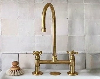 Antique, Unlacquered Solid Brass 8" Bridge Faucet, Vintage Kitchen Sink Faucet